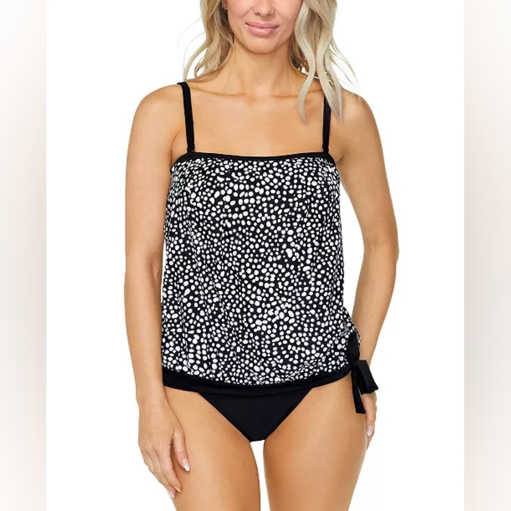 Island Escape Women's Black/White Dot Print Blouson Swim Tankini Top Size 6